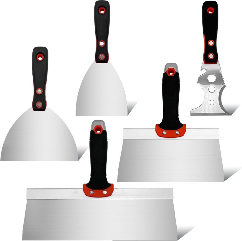 YLTOLOO 5 Pack Drywall Knife Set, Includes 8” & 12” Taping Knives, 4" & 6" Putty Knives and 3” Multifunctional Paint Scraper, Perfect Hand Tools for Drywall Joint Taping, Finishing and Patching - Image 1